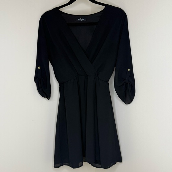 Eclipse Elegant Long Black Blouse with Deep V Neckline & Gold Buttons Longline - Picture 1 of 4